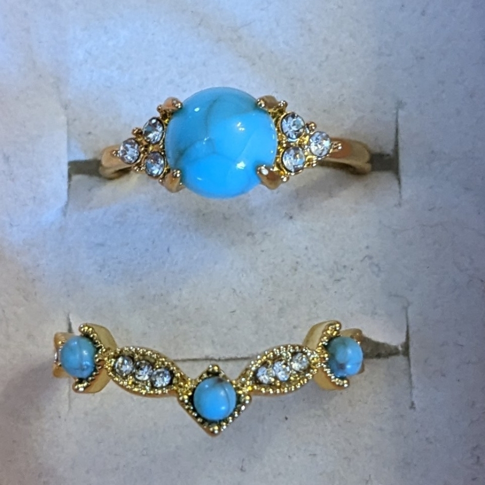 💙 Turquoise & Gold Colored Ring Set Boho Stackable Band Vintage Inspired, T2B1K